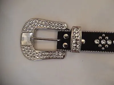 b.b. Simon Black Leather Quad Studded Crystal Belt