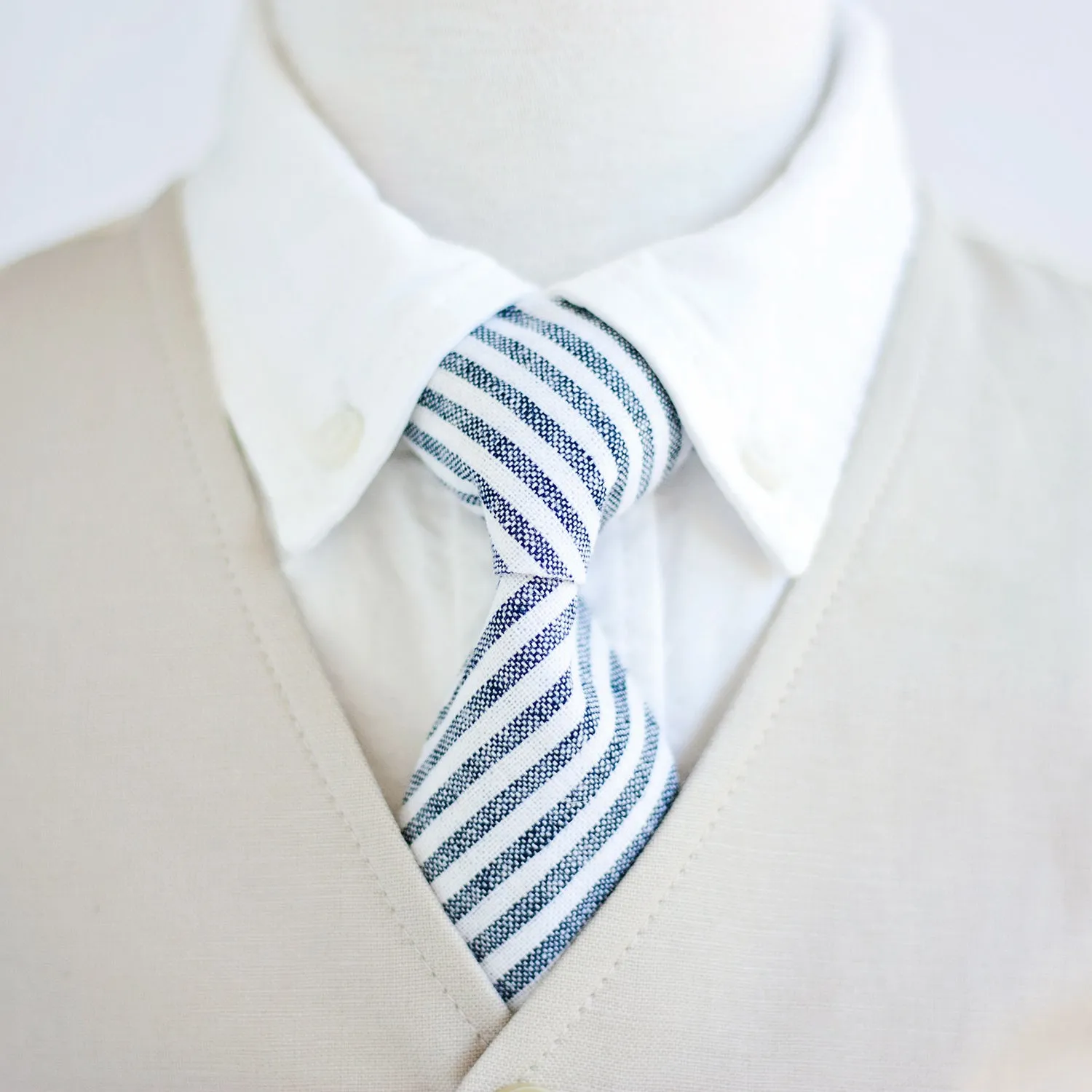 Boy's Pocket Square / Navy Linen Stripe