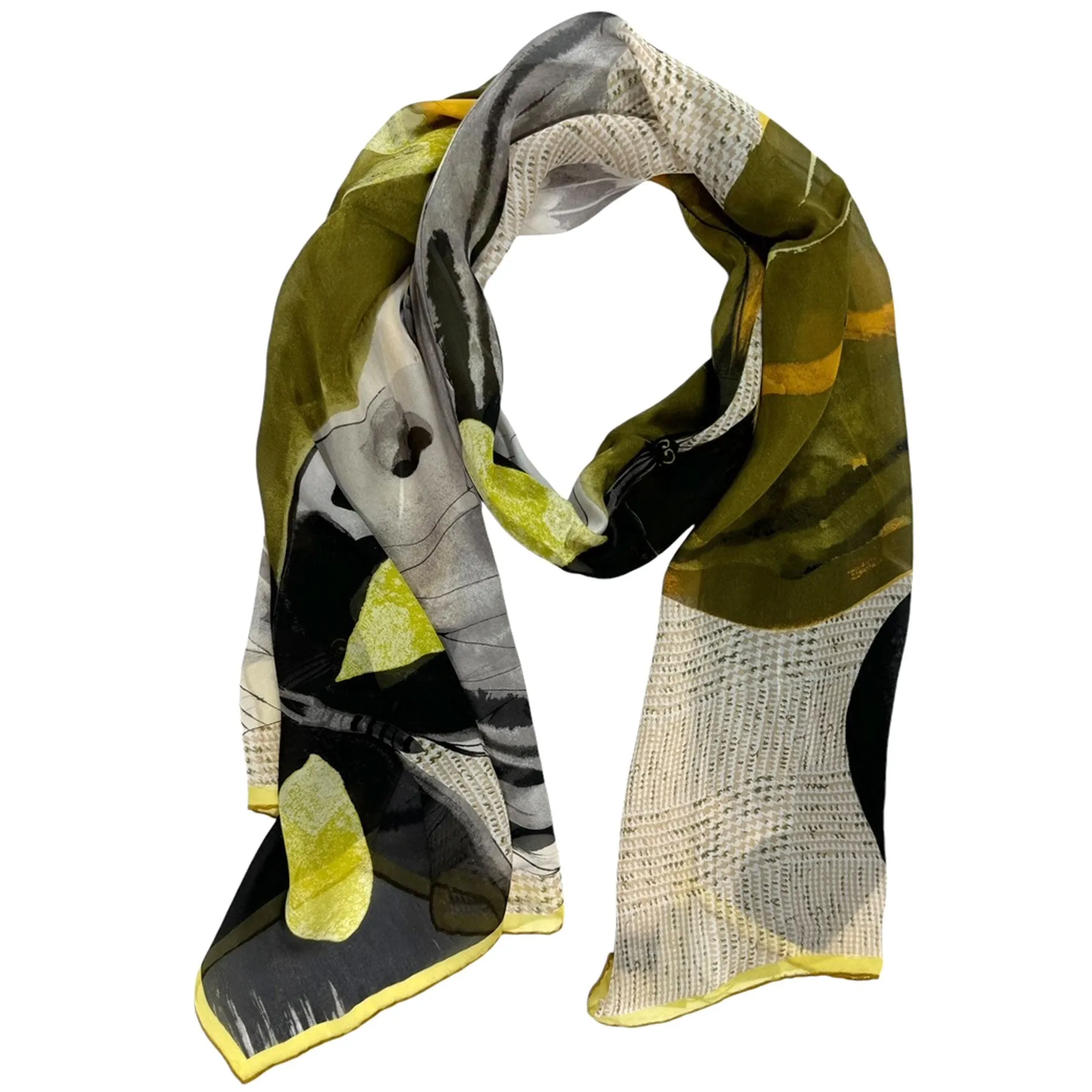 Elie Saab Scarf Olive Gray Glen Check Butterfly Design - Chiffon Silk Designer Shawl