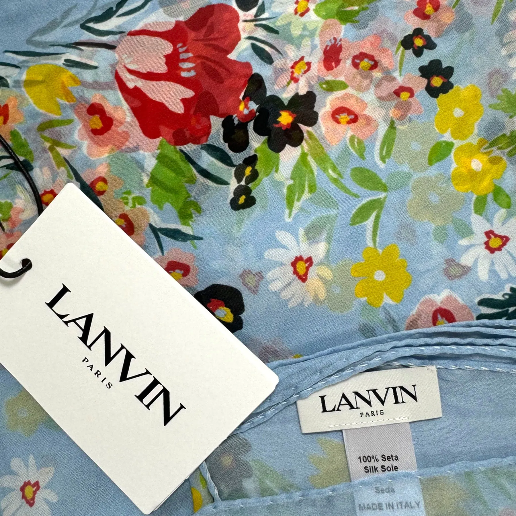 Lanvin Scarf Blue Floral Design - Chiffon Silk Shawl