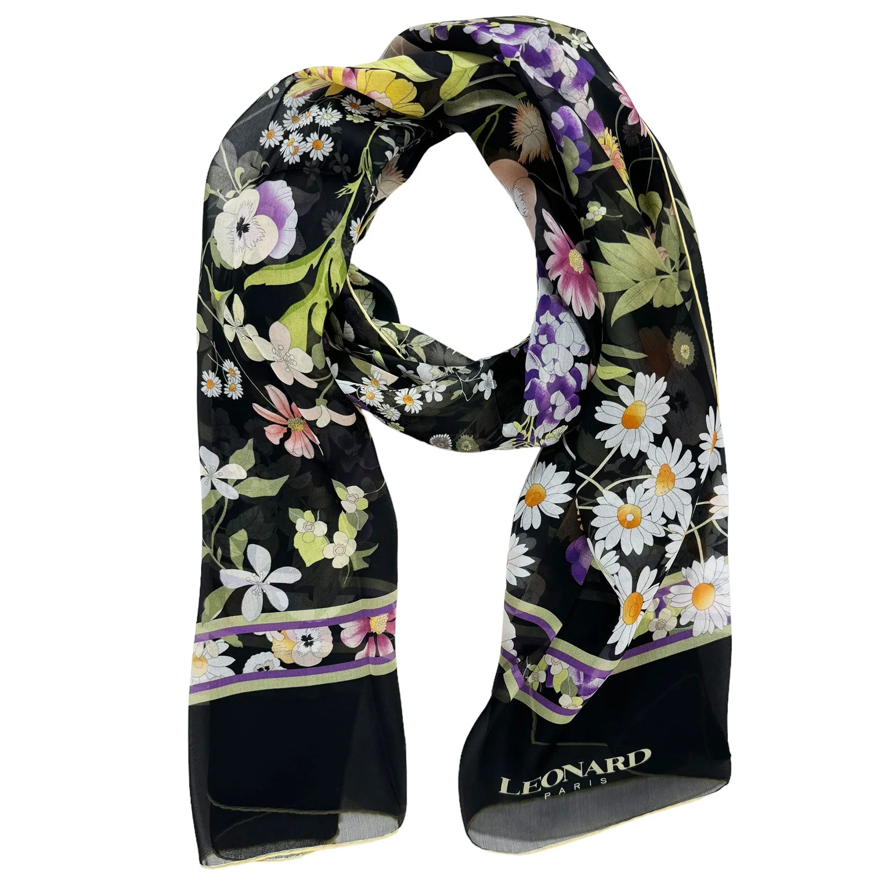 Leonard Paris Scarf Yellow Green Purple Floral Design - Chiffon Silk Shawl