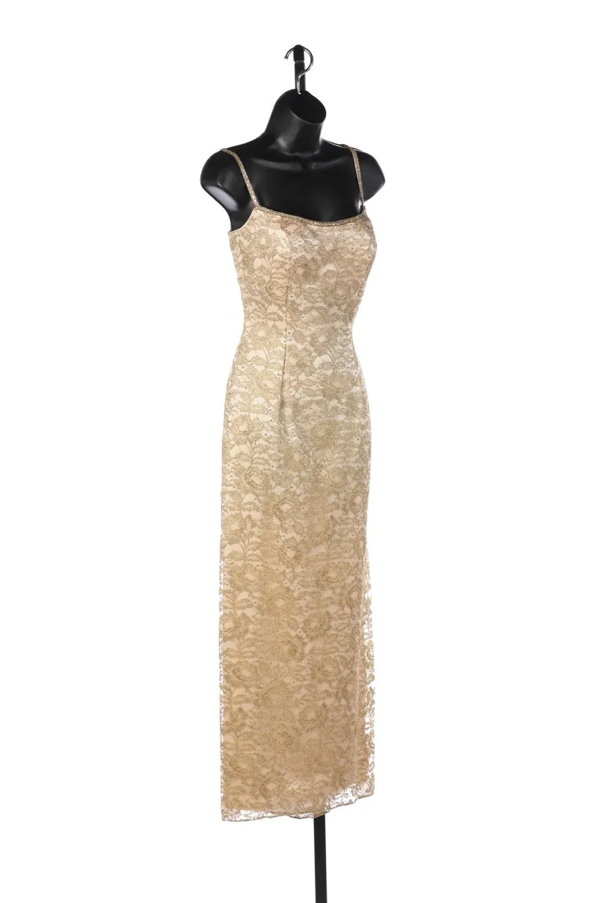 Michael Casey Couture Silk Gold Beaded/Sequined Sleeveless Cross Back Fitted Full-Length Gown