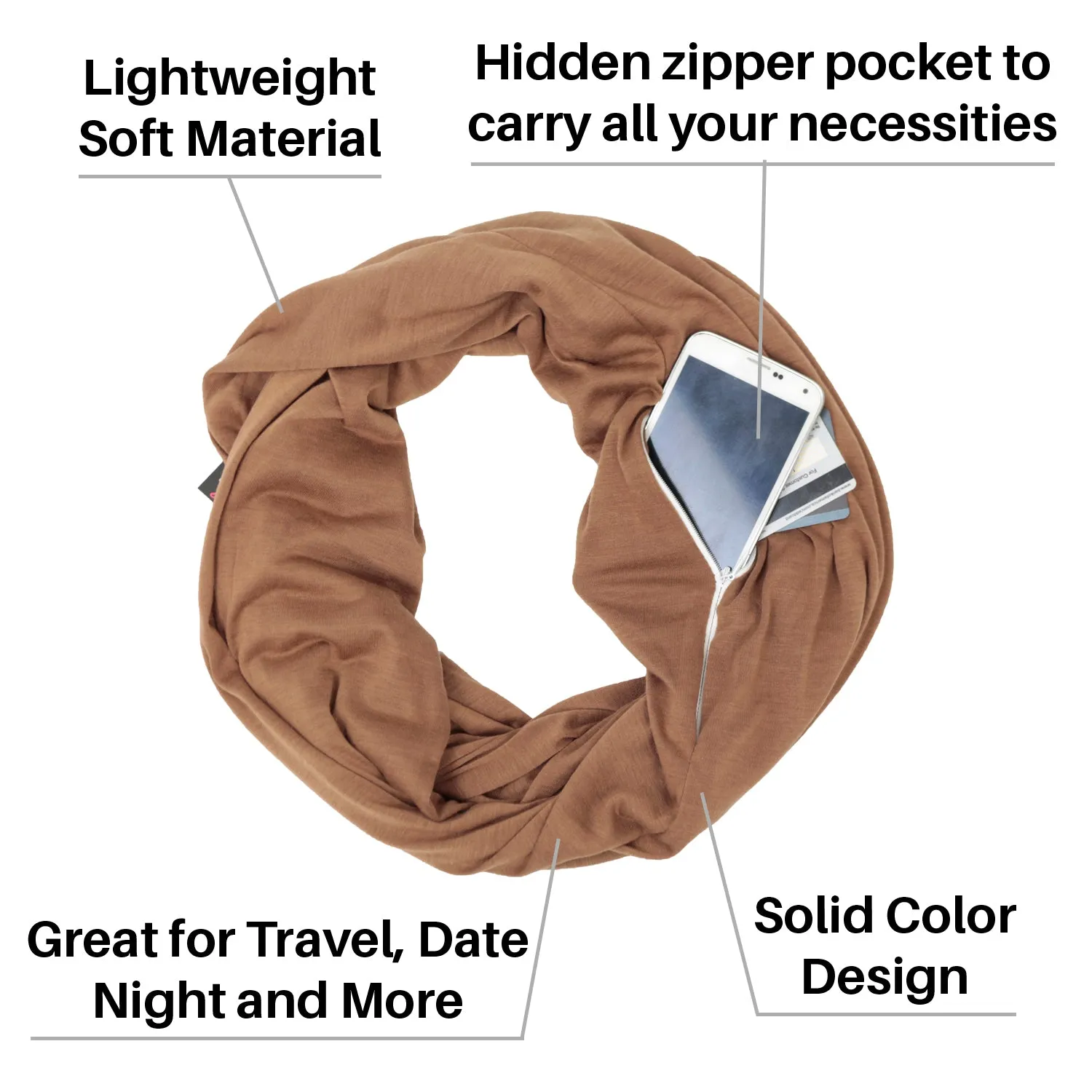 Pop Fashion Solid Color Infinity Scarf for Women with Zipper Pocket