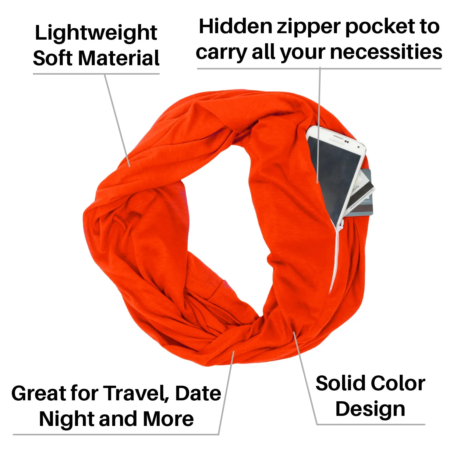 Pop Fashion Solid Color Infinity Scarf for Women with Zipper Pocket