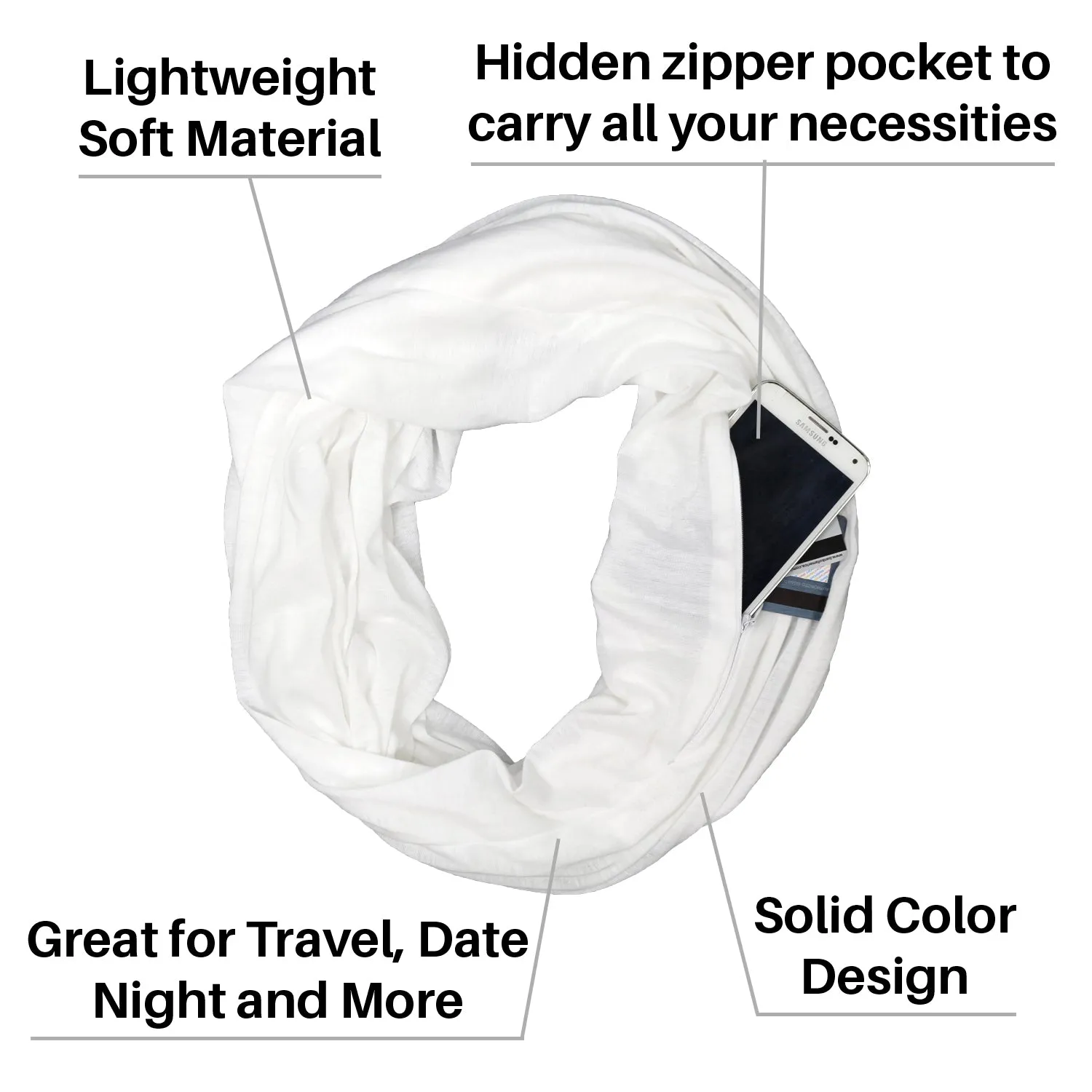 Pop Fashion Solid Color Infinity Scarf for Women with Zipper Pocket