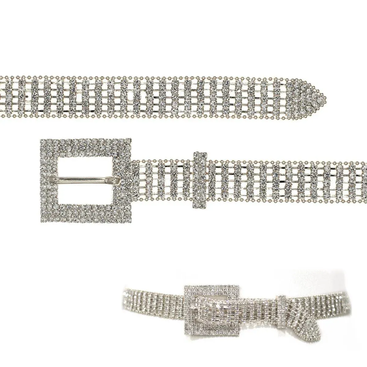 Rhinestone Buckle Ball Chain Belt Silver Rhodium Plated