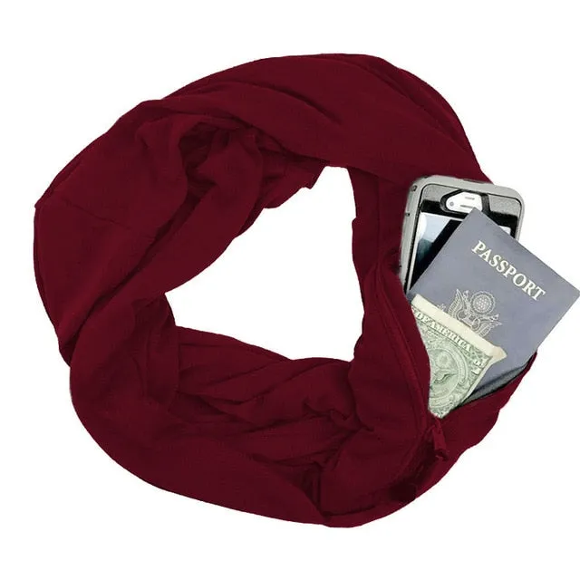 Soft Zipper Pocket Loop Scarf Women Fashion Autumn Winter Warm Solid Blue O Ring Scarves Ladies Infinity Scarfs