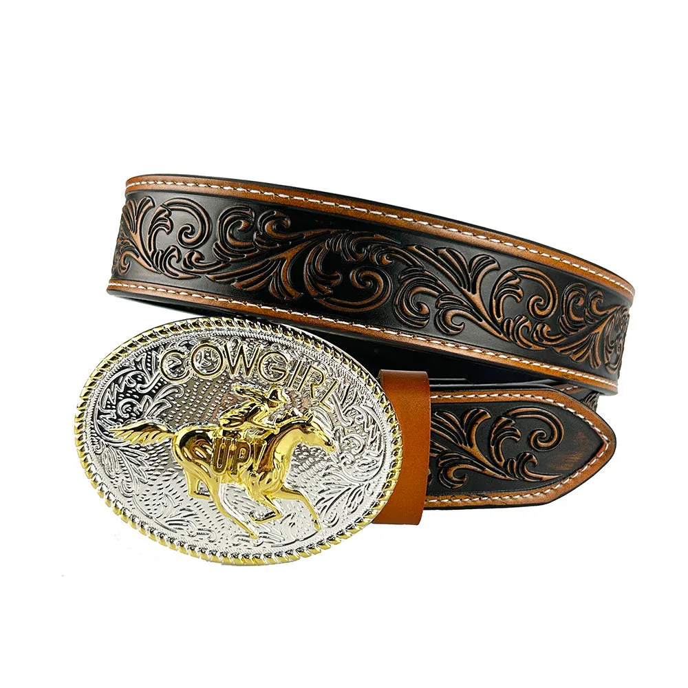 TOPACC Western Genuine Leather Pattern Tooled Belt-Cowgirl Riding Belt Buckle