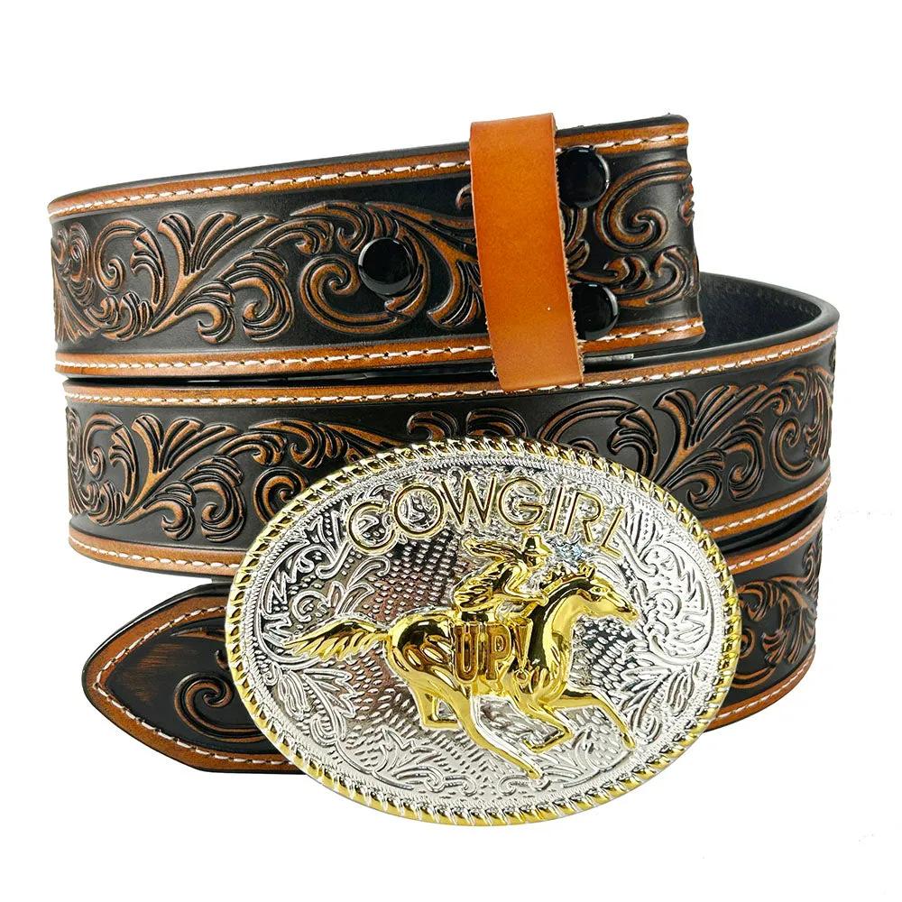 TOPACC Western Genuine Leather Pattern Tooled Belt-Cowgirl Riding Belt Buckle