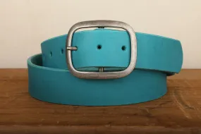 Turquoise Leather Belt with Antique Silver Buckle