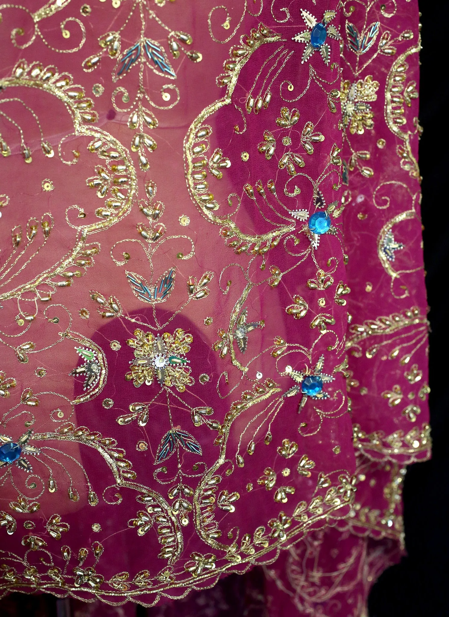 Vintage Pink Gold Silk Embroidered Long Wrap