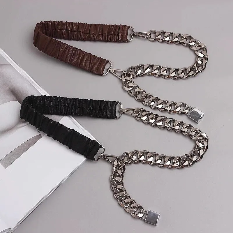 Women's Fashion Elastic Vegan Leather Chain Waist Belts